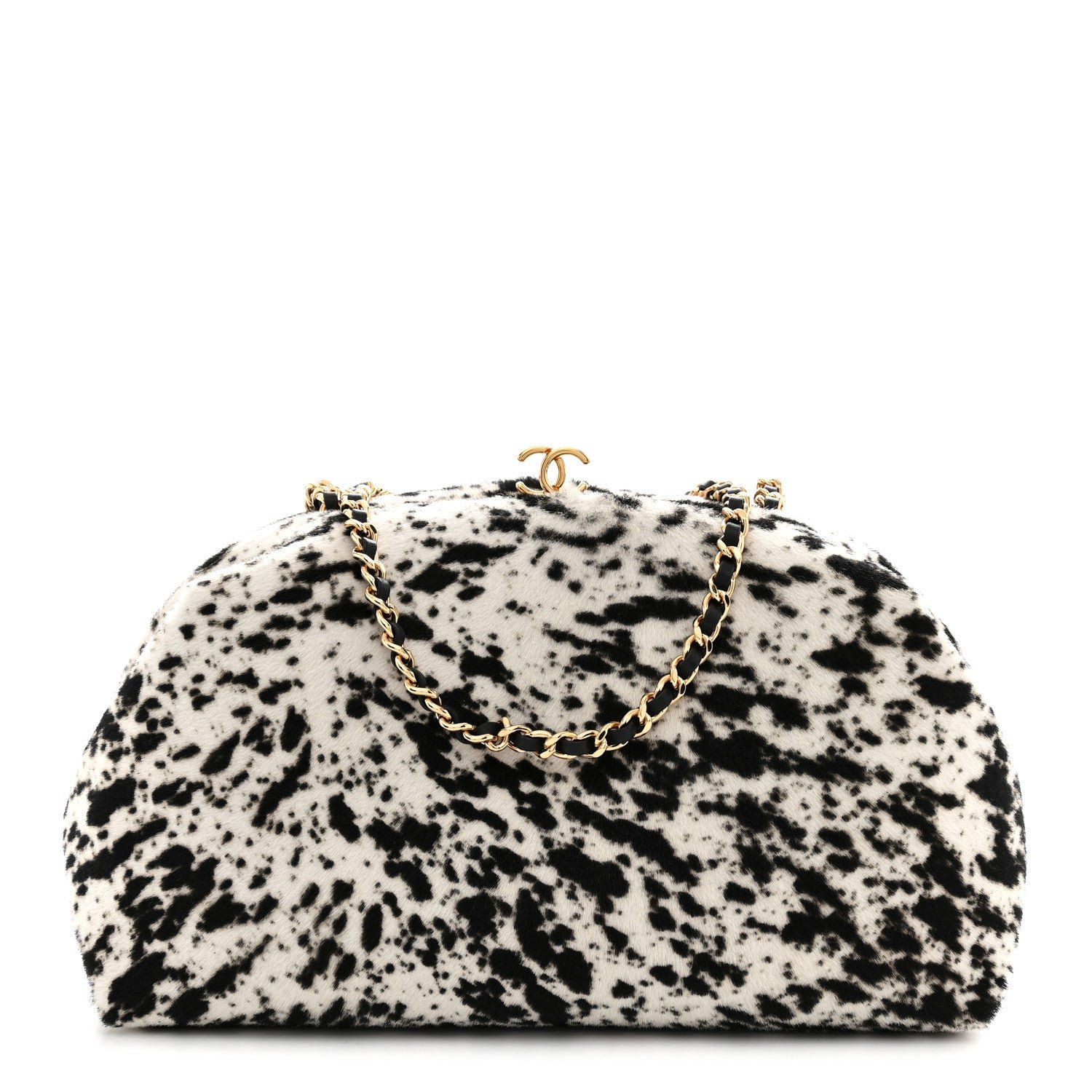 Lambskin Pony Hair Printed Clutch With Chain Black White