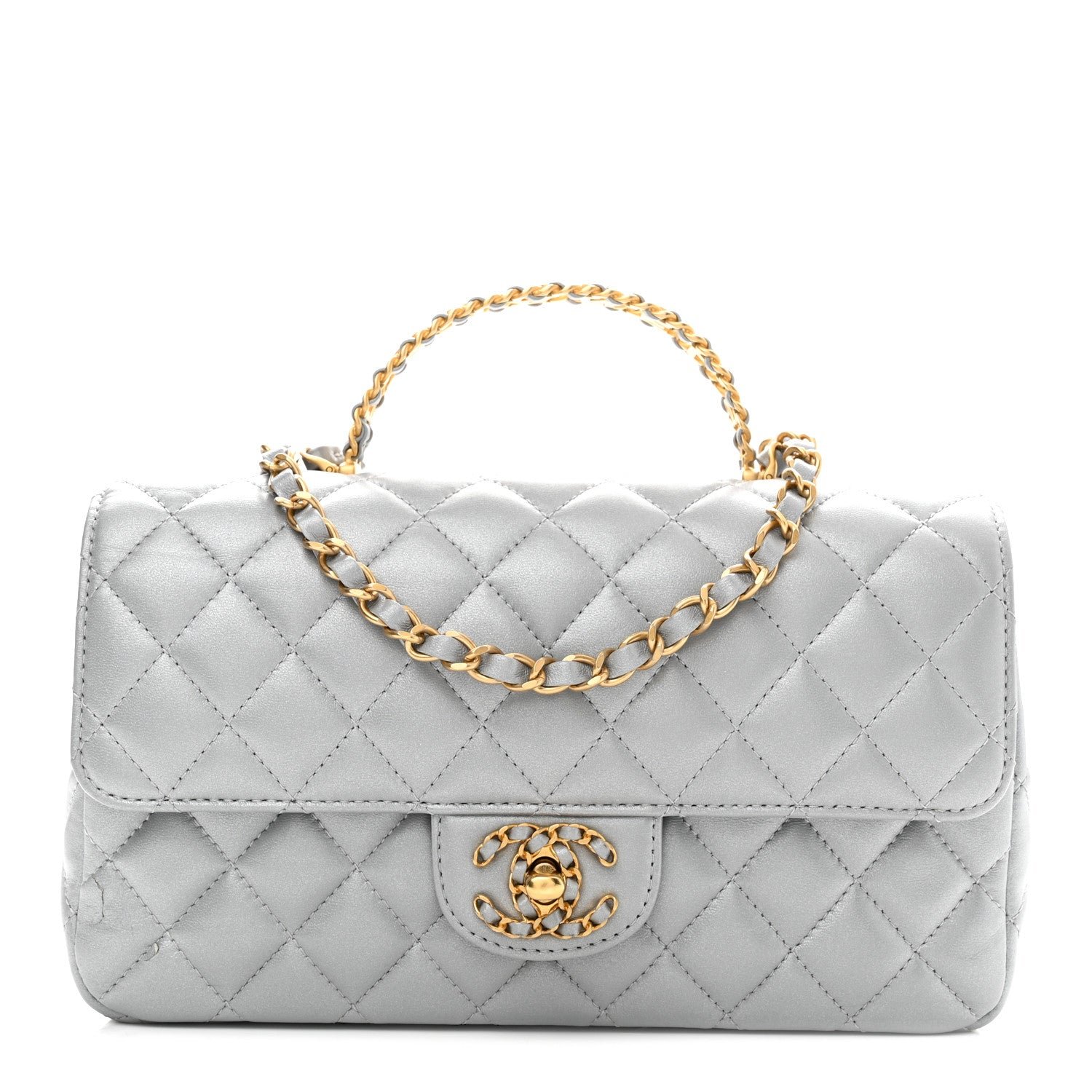 Chanel Metallic Lambskin Quilted Small Strass On Top Flap Silvery