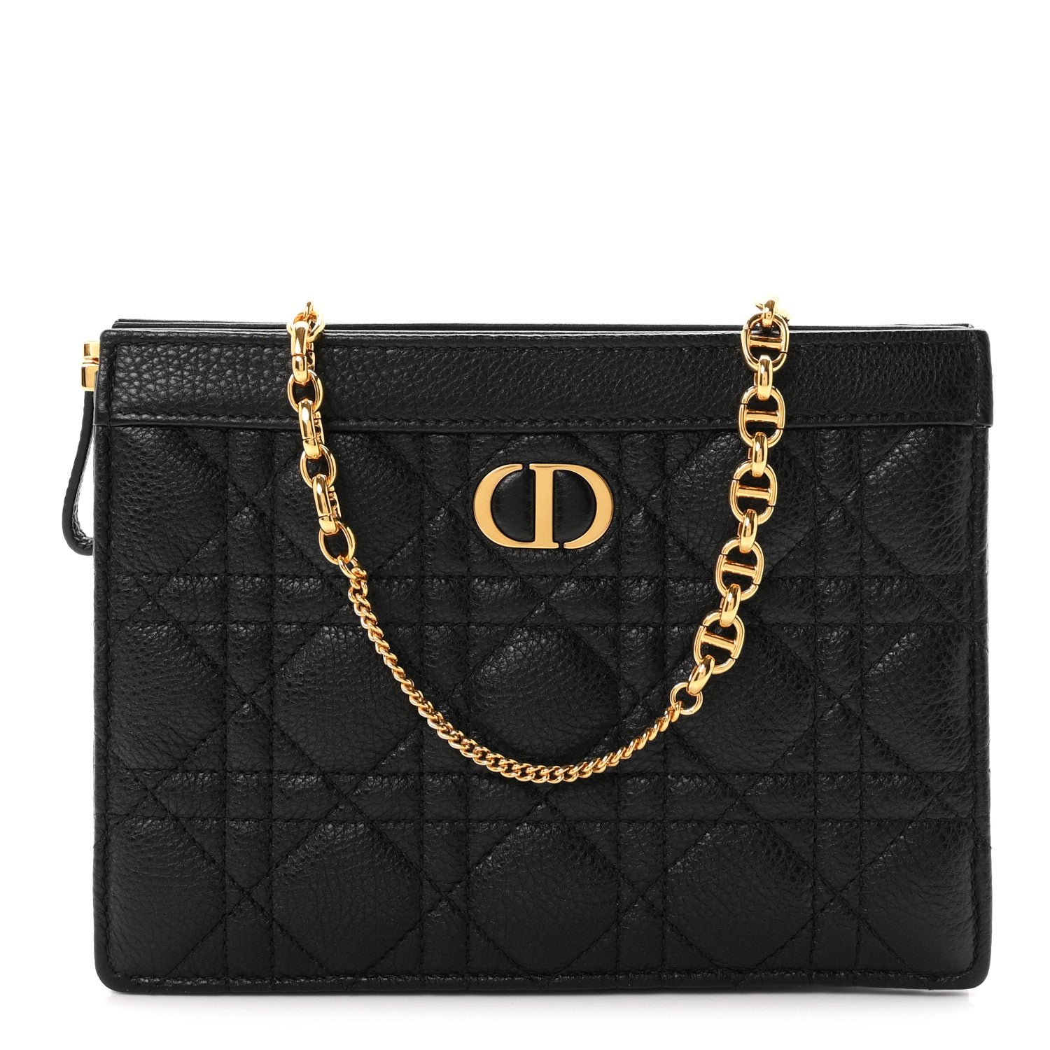 Christian Dior Calfskin Cannage Caro Zipped Pouch With Chain Black