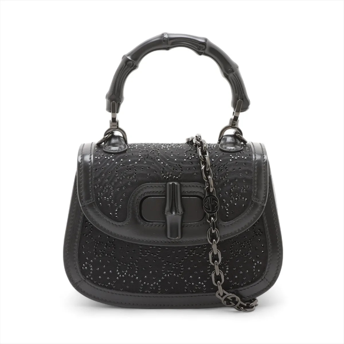 Gucci Bamboo 1947 canvas x rhinestone x leather 2 Way Handbag Black