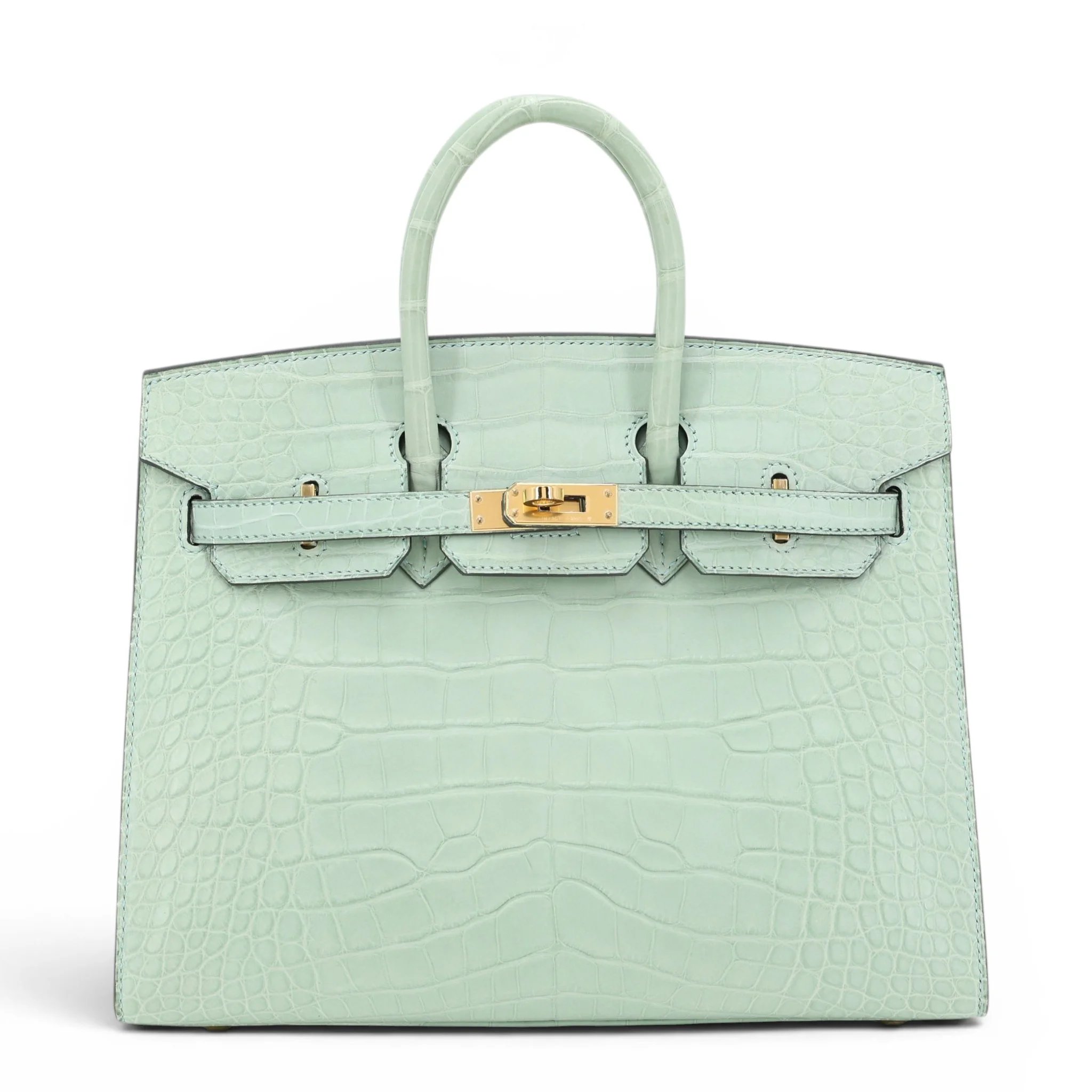 Hermes Excellent ( Rank SA ) HERMÈS Birkin 25 Sellier Vert d’Eau (6U) Matte Alligator Gold hardware B (2023)