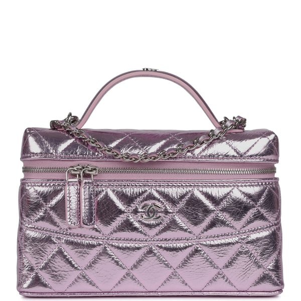 Chanel Top Handle Long Vanity Case with Chain Pink Metallic Calfskin Gold Hardware