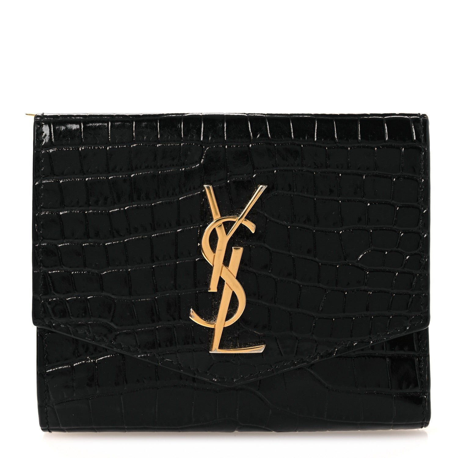 Saint Laurent Shiny Calfskin Crocodile Embossed Monogram Uptown Compact Wallet Black