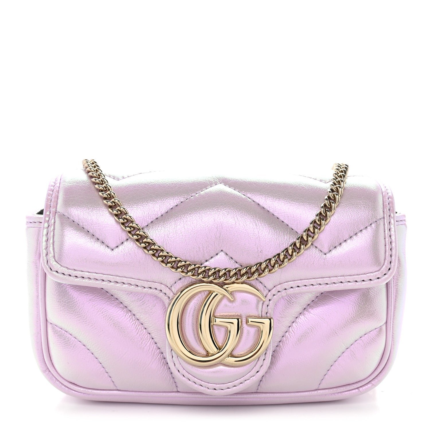 Gucci Iridescent Nappa Chevron Matelasse Super Mini GG Marmont Shoulder Bag Iridescent Escape Pink
