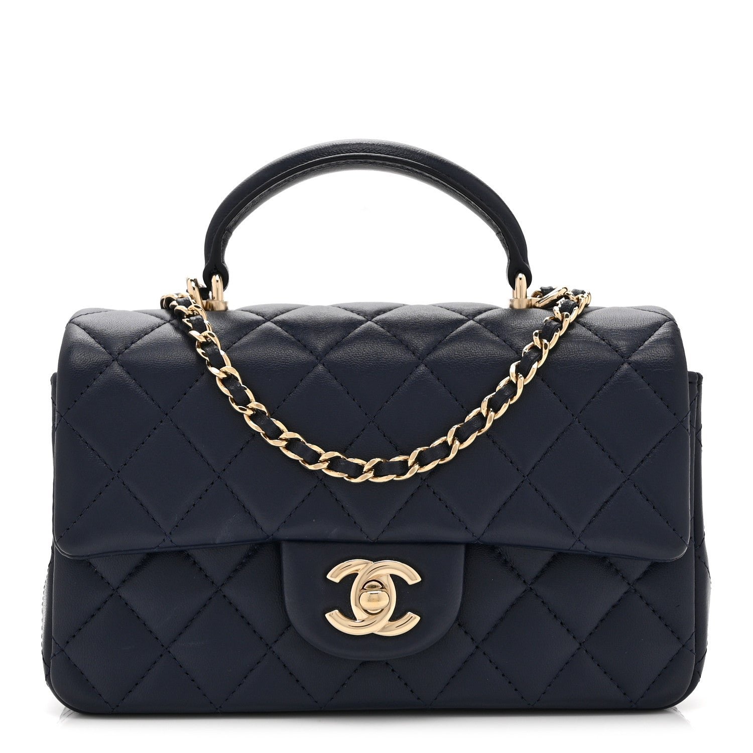 Chanel Lambskin Quilted Mini Top Handle Rectangular Flap Navy Blue