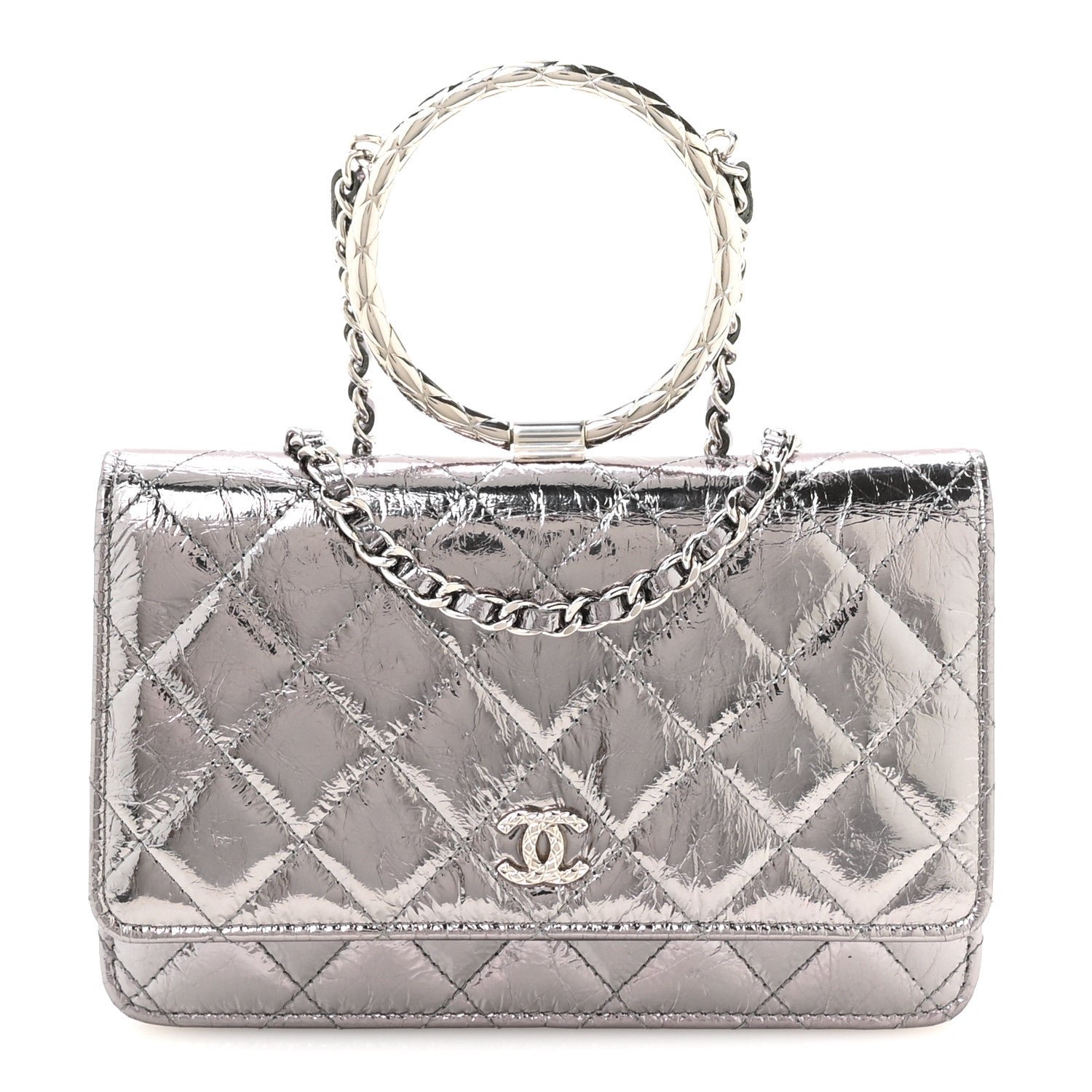 Chanel Crumpled Metallic Calfskin Quilted Ring Handle Wallet on Chain Silver