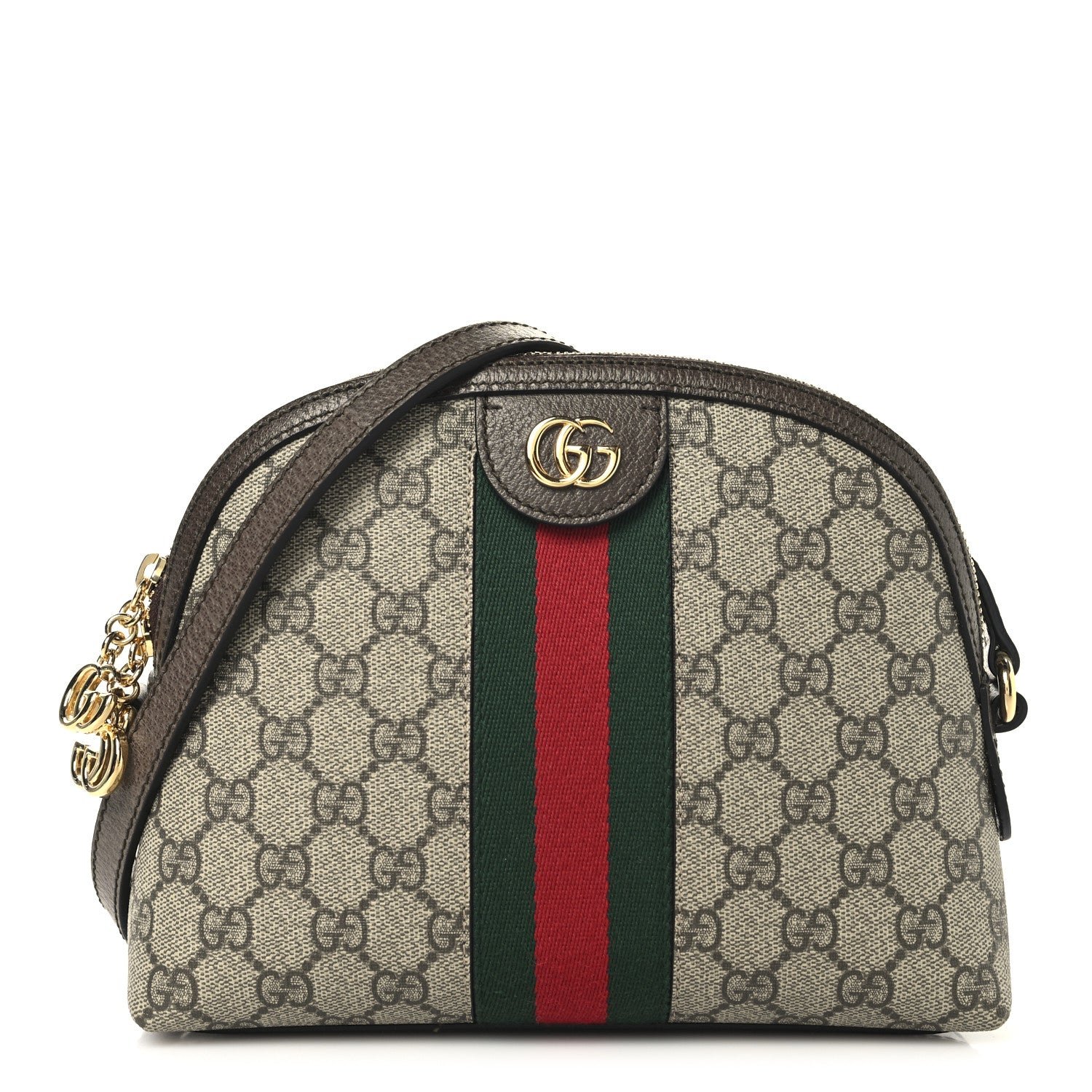 Gucci GG Supreme Monogram Textured Dollar Calfskin Web Small Ophidia Dome Shoulder Bag Beige Ebony New Acero
