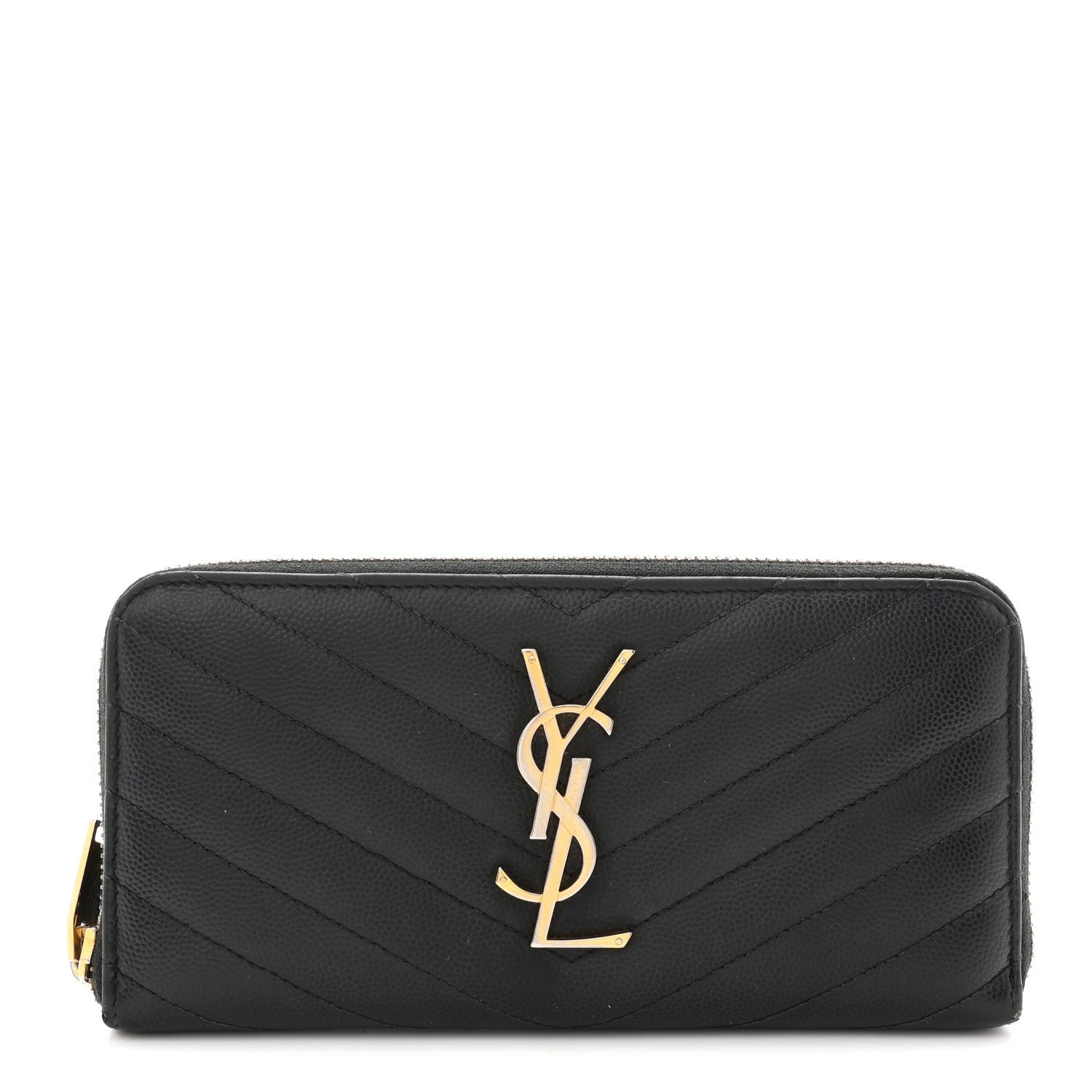 Saint Laurent Grain De Poudre Matelasse Chevron Monogram Zip Around Wallet Black