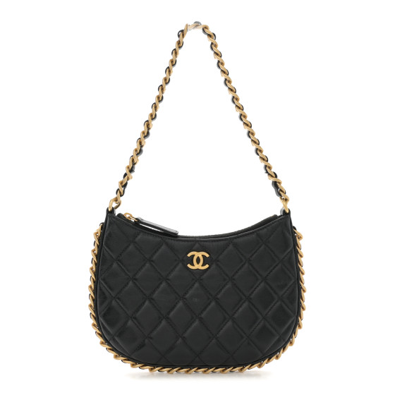 Chanel Shiny Crumpled Lambskin Quilted Trendy Chain Around Hobo Black