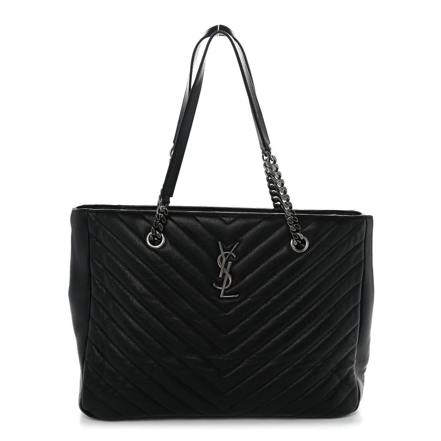 Saint Laurent Sheepskin Matelasse Chevron Large Monogram Shopping Bag Black