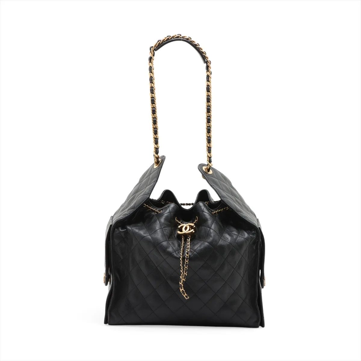 Chanel Chanel 25 Medium Caviar Skin Chain Shoulder Bag Black Gold Metal Fittings