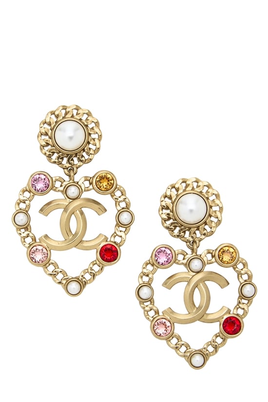 Gold Crystal 'CC' Heart Dangle Earrings