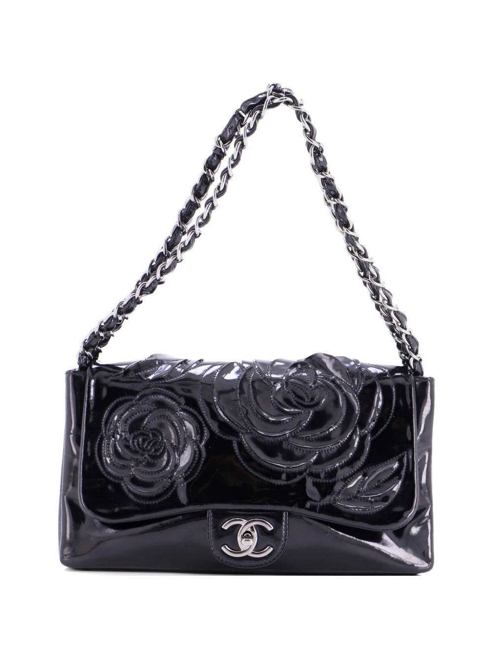 Tweed Petals Camellia Flap Bag Patent Medium shoulder bag