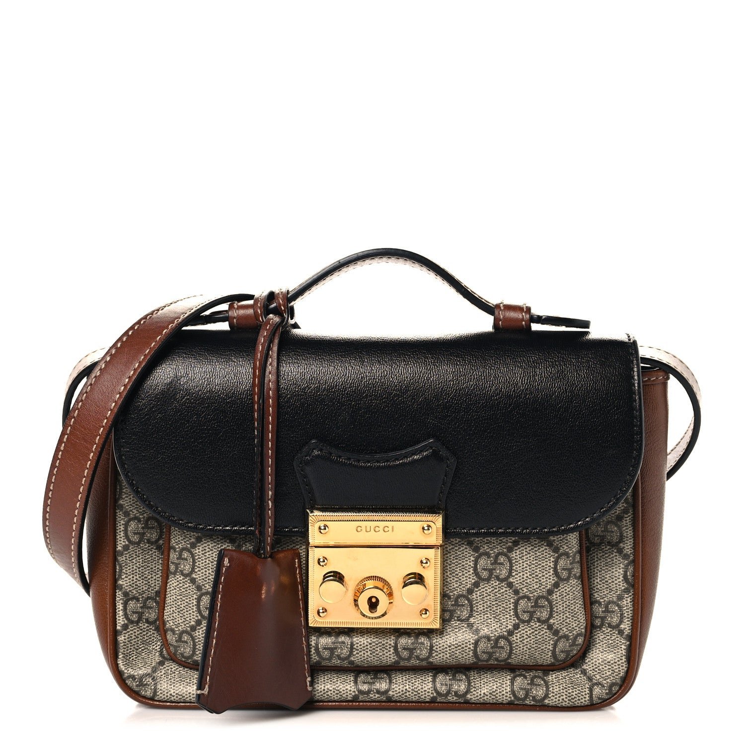 Gucci GG Supreme Monogram New Sakai Lux Calfskin Mini Padlock Flap Pocket Shoulder Bag Beige Ebony Black Cuir