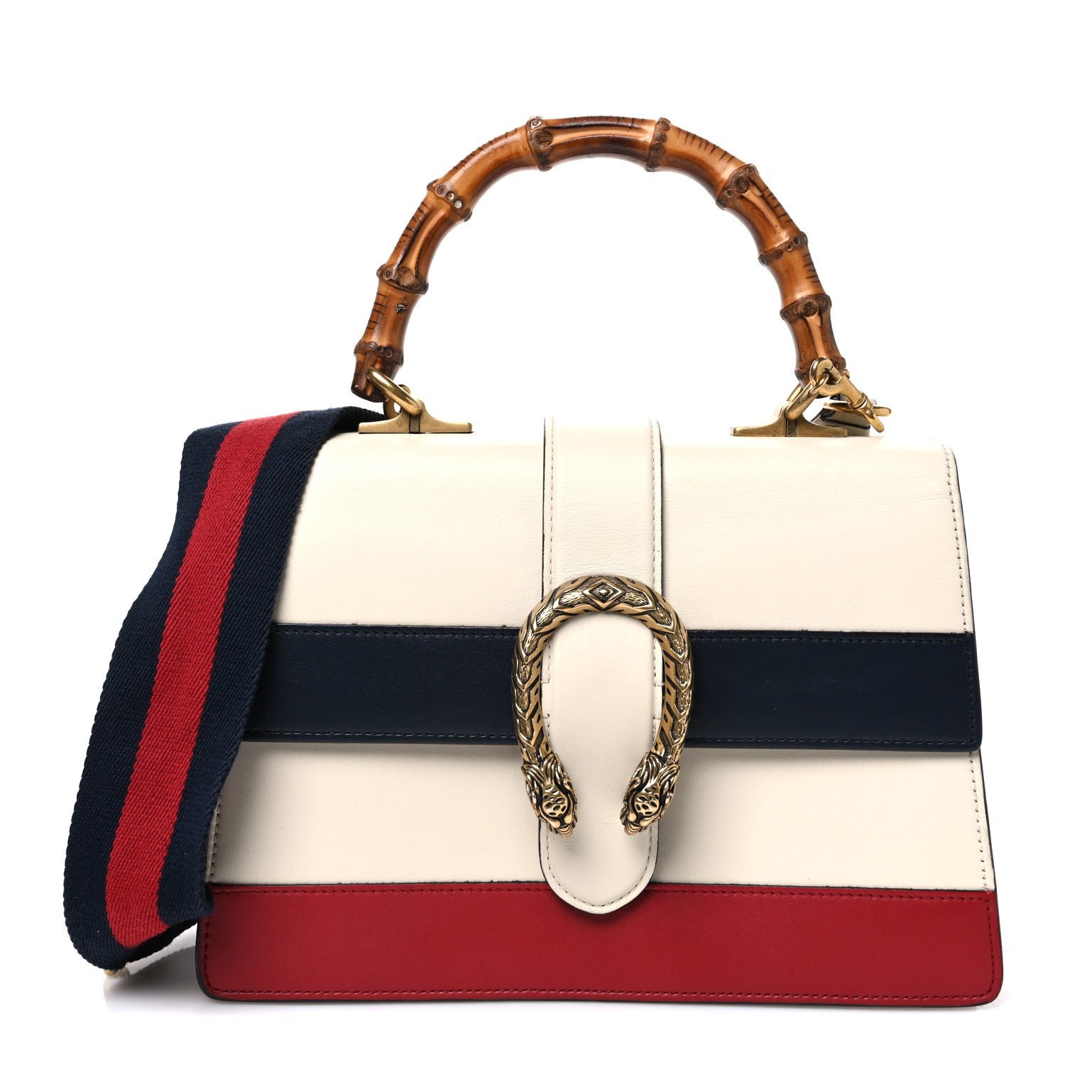 Gucci Calfskin Bamboo Web Medium Dionysus Top Handle Bag White Blue Hibiscus Red
