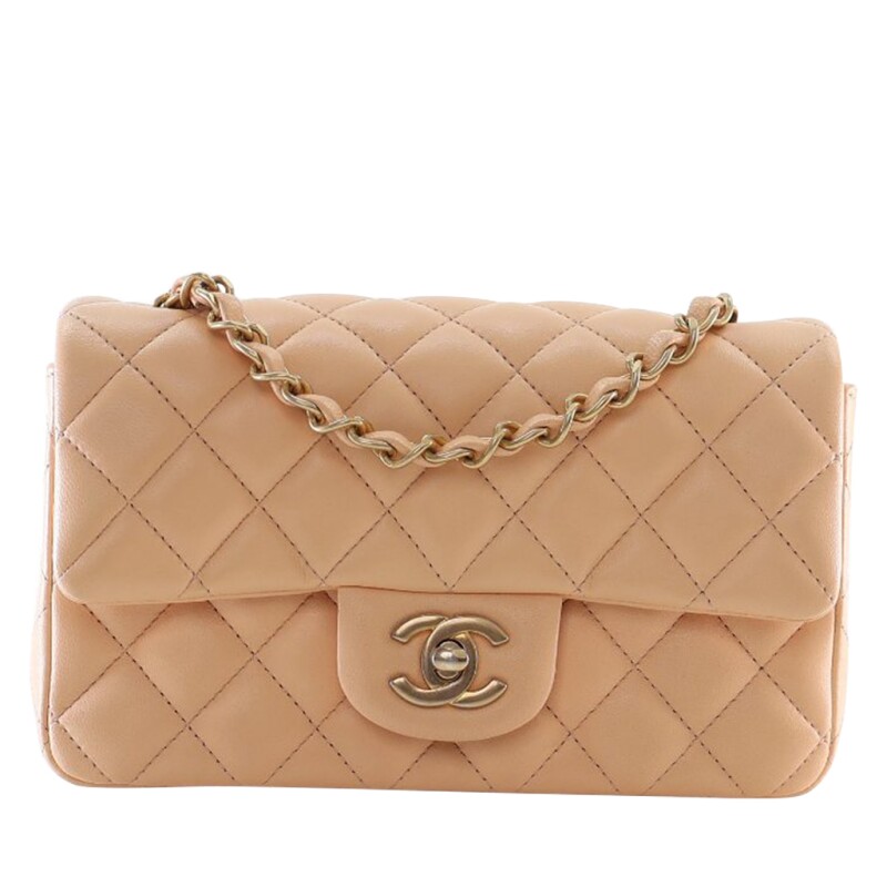 Chanel Beige Quilted Lambskin Mini Rectangular Flap Bag Aged Gold Hardware, 2019