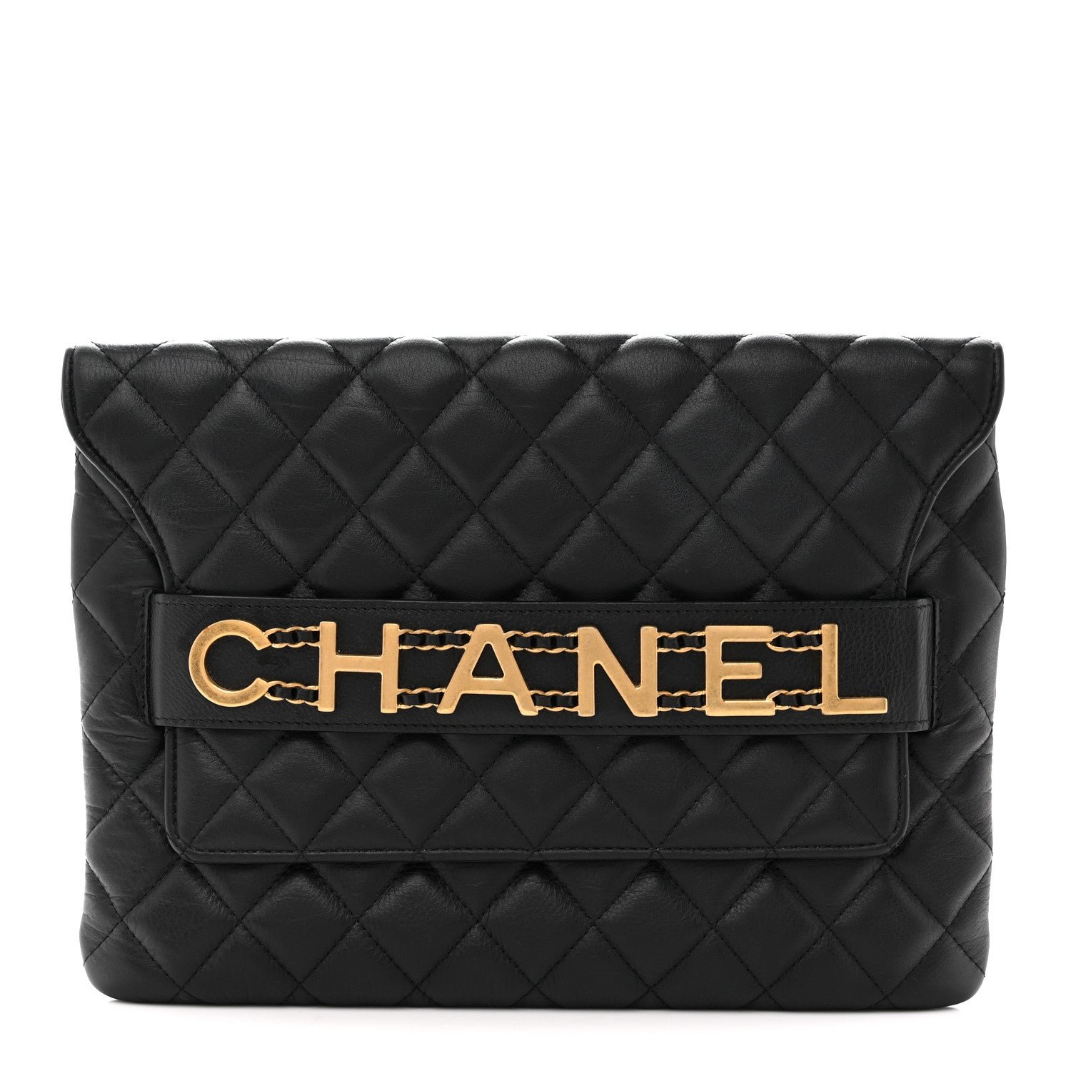 Chanel Calfskin Quilted Front Logo Enchained Clutch Black