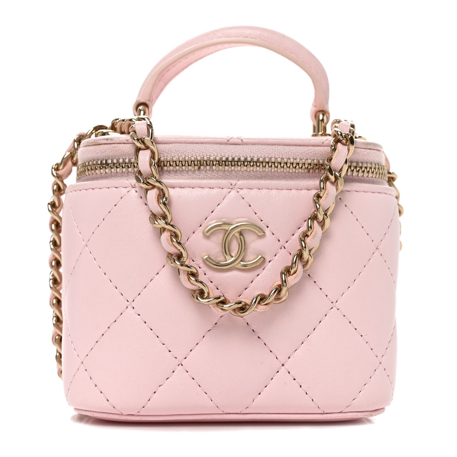 Chanel Lambskin Quilted Mini Top Handle Vanity Case With Chain Light Pink