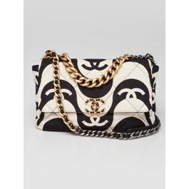 Chanel Black/White CC Printed Quilted Canvas Large Chanel 19 Flap Bag