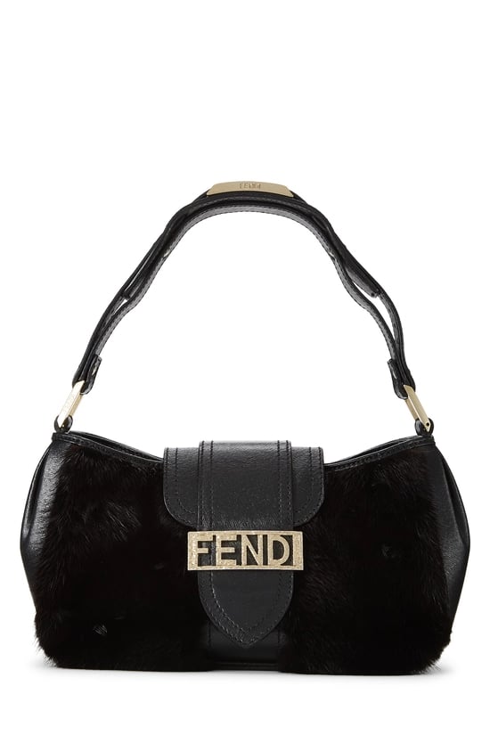 Black Fur Logo Flap Baguette