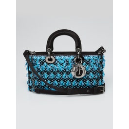 Dior Christian Dior Black Satin and Turquoise Beaded Fringe Lady D-Joy Bag