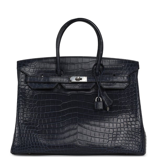 Pre-owned Hermes Birkin 35 Bleu Marine Matte Porosus Crocodile Palladium Hardware