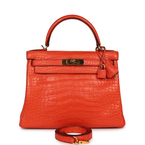 Hermes Pre-owned Hermes Kelly Retourne 28 Orange Poppy Matte Alligator Gold Hardware