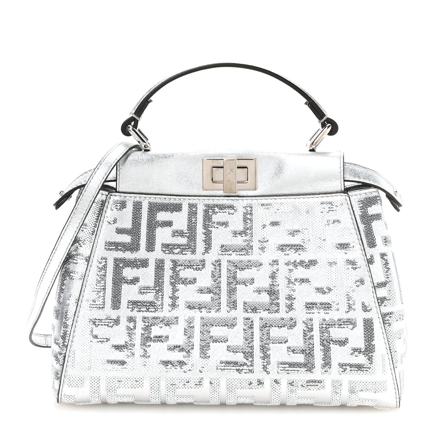 Fendi Vitello Catalan Mirror Sequin FF 1974 Embroidered Mini Peekaboo Iconic Satchel Argento