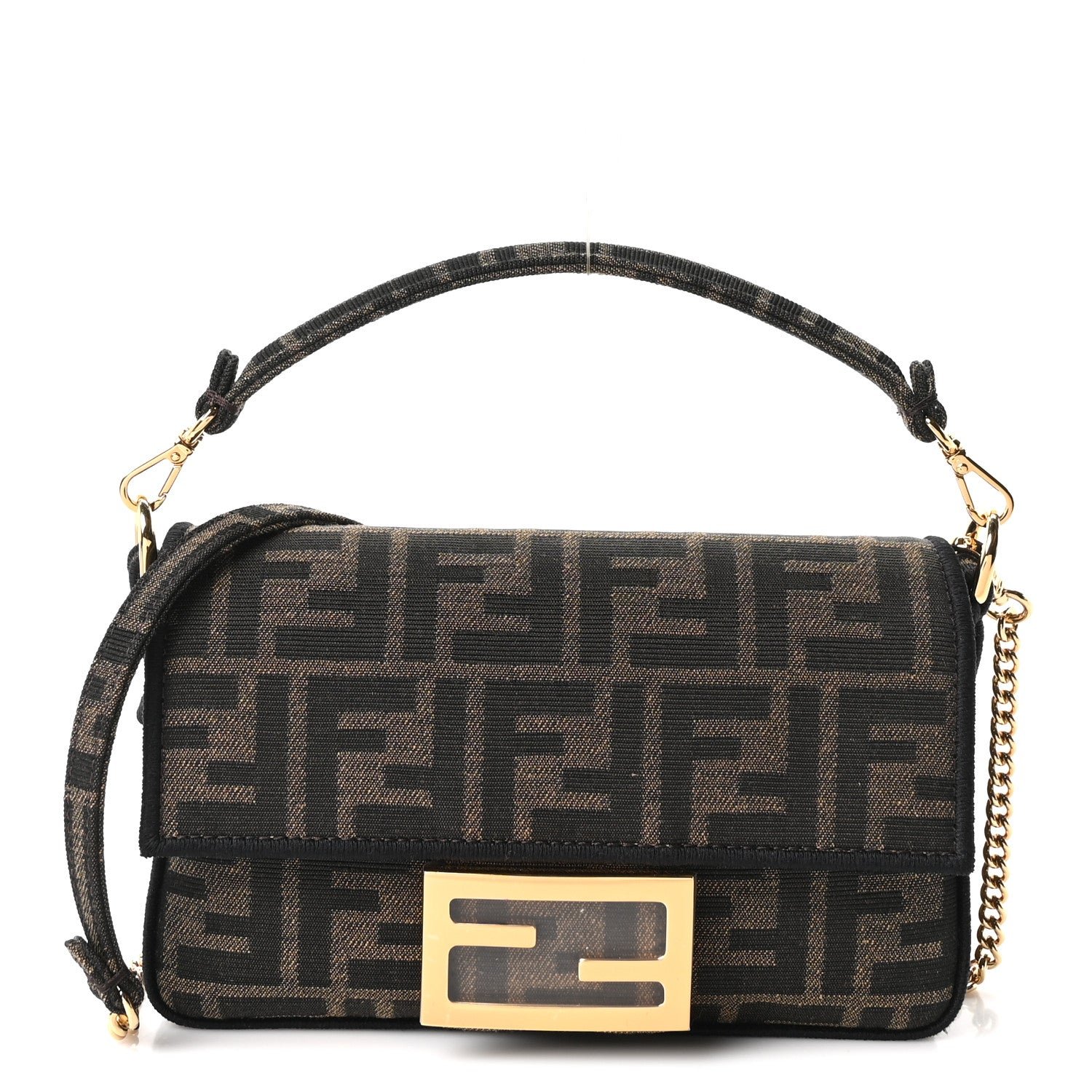 Fendi Fabric Jacquard FF 1974 Mini Baguette Tobacco Moro Black