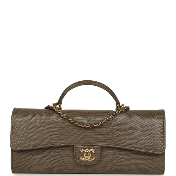 Chanel Long Top Handle Clutch with Chain Dark Khaki Lizard Embossed Calfskin Gold Hardware