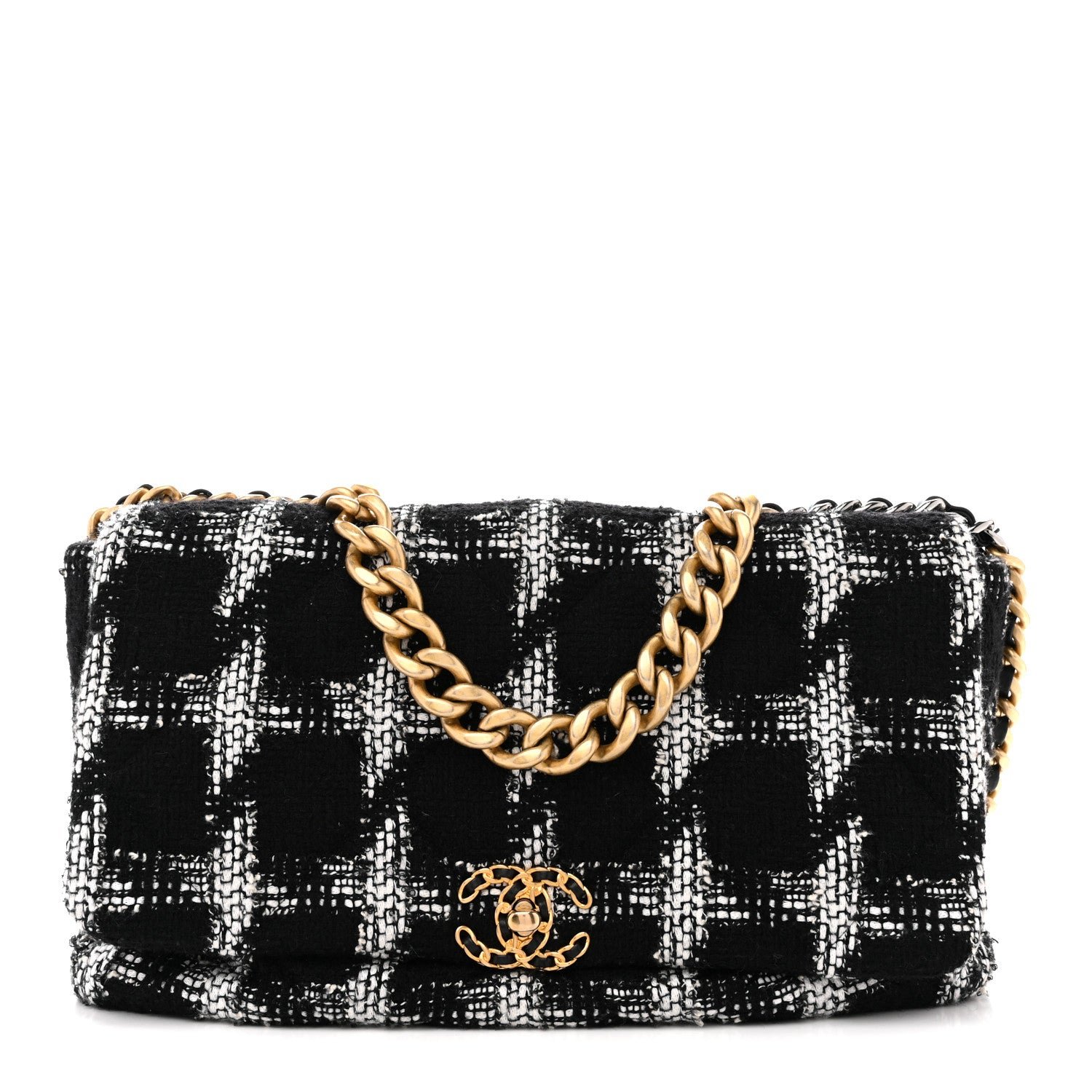 Chanel Tweed Quilted Maxi Chanel 19 Flap Black White