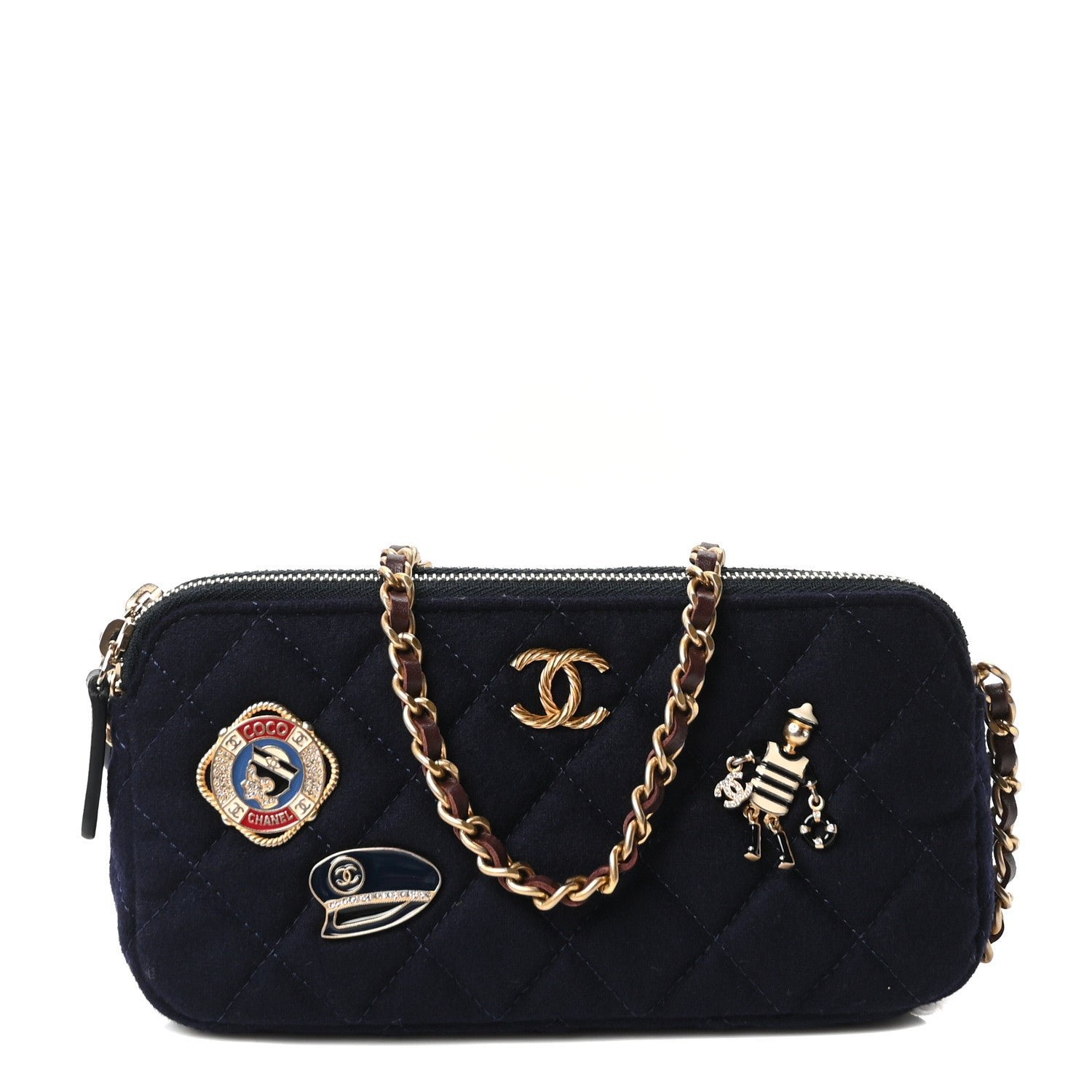 Chanel Felt Quilted Paris-Hamburg Charms Small Clutch With Chain  Dark Navy