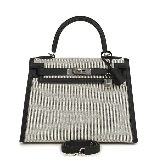 Hermes Hermes Kelly Sellier 28 Black Swift and Ecru-Black Toile H Canvas Palladium Hardware