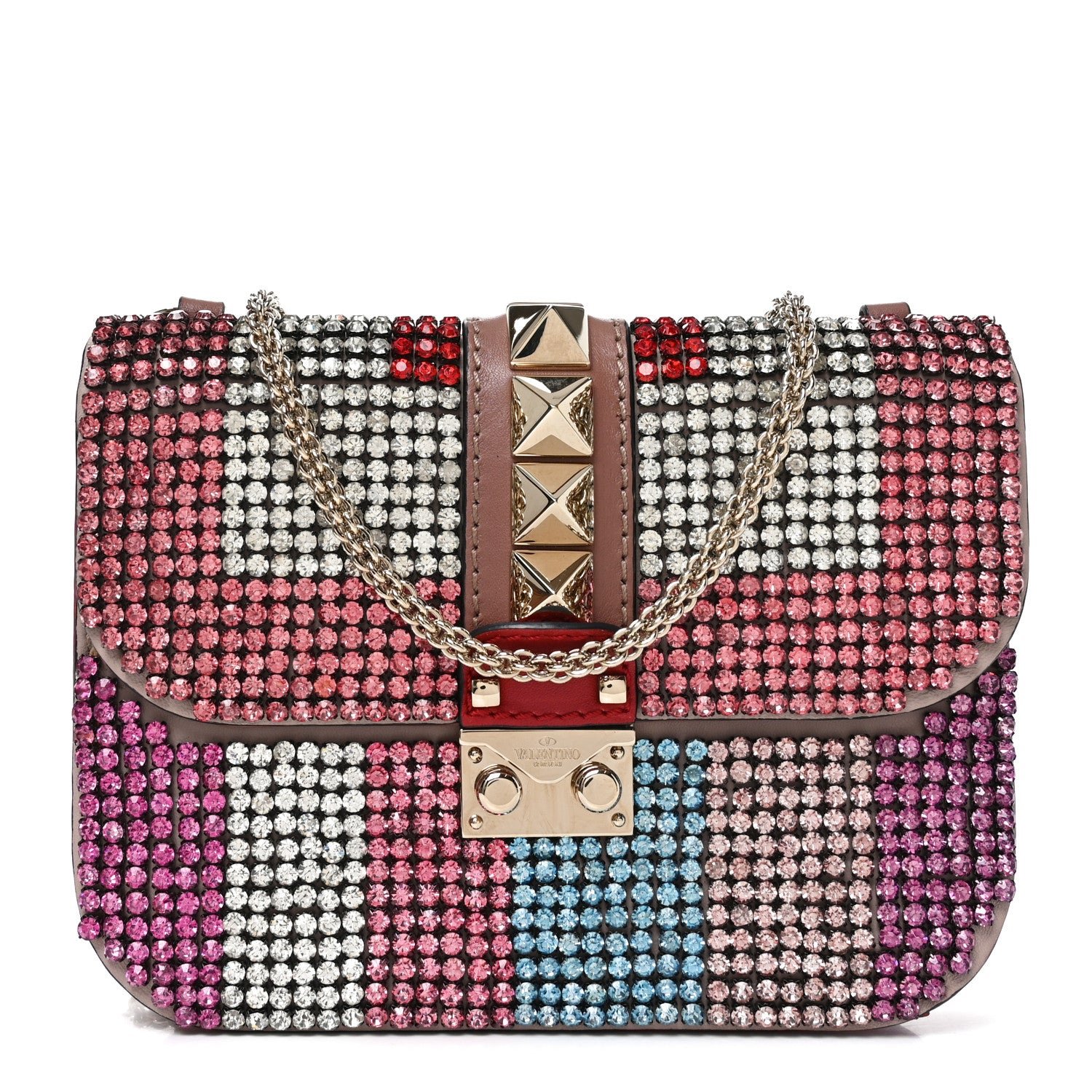 Valentino Garavani Valentino Garavani Vitello Crystal Embellished Small Glam Lock Rockstud Flap Multicolor