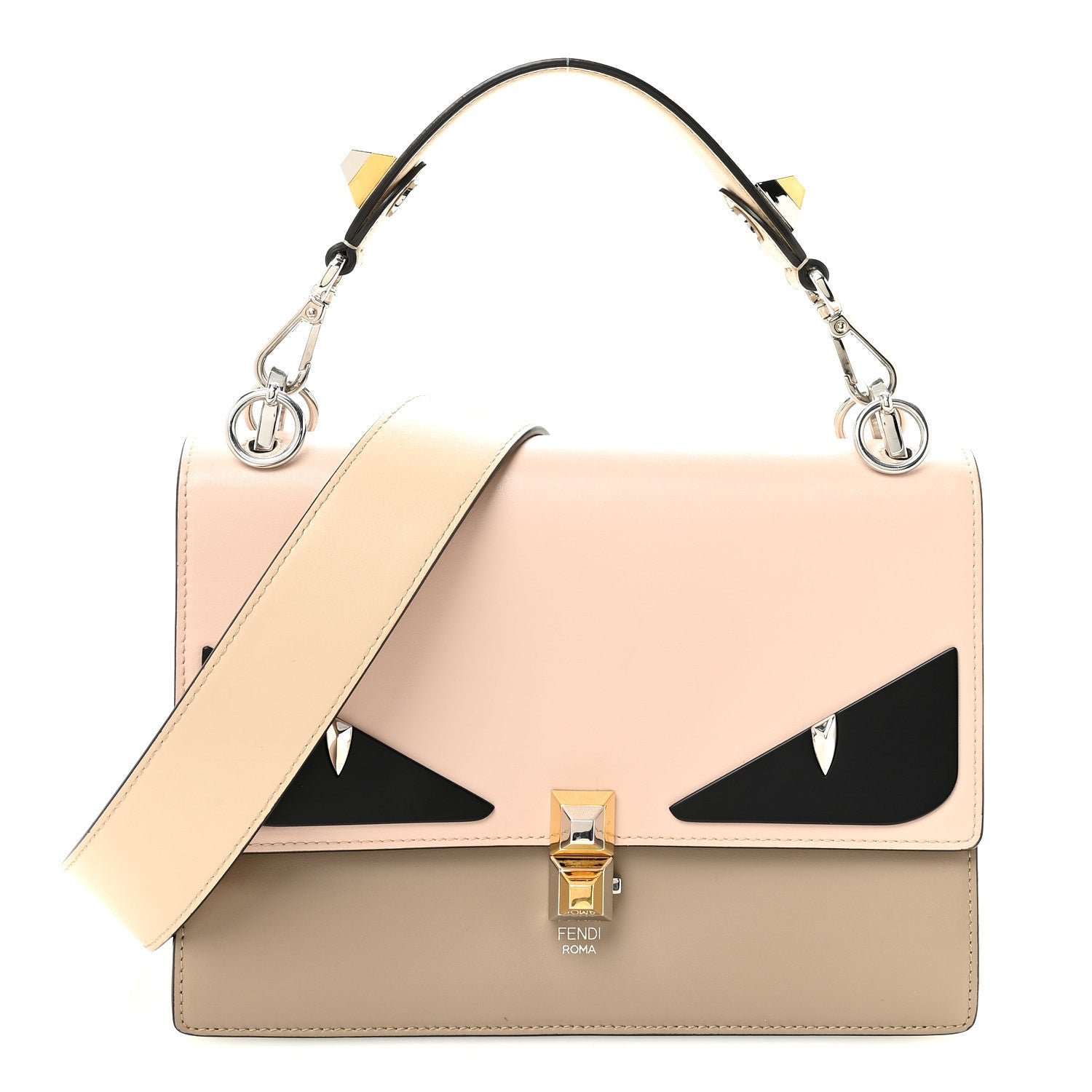 Fendi Vitello Liberty Lucido Metal Monster Eyes Studded Kan I Shoulder Bag Cuoio Bubblegum Light Blue