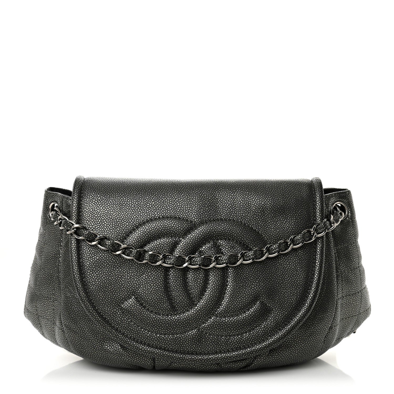 Chanel Caviar Half Moon Large Flap Dark Silver