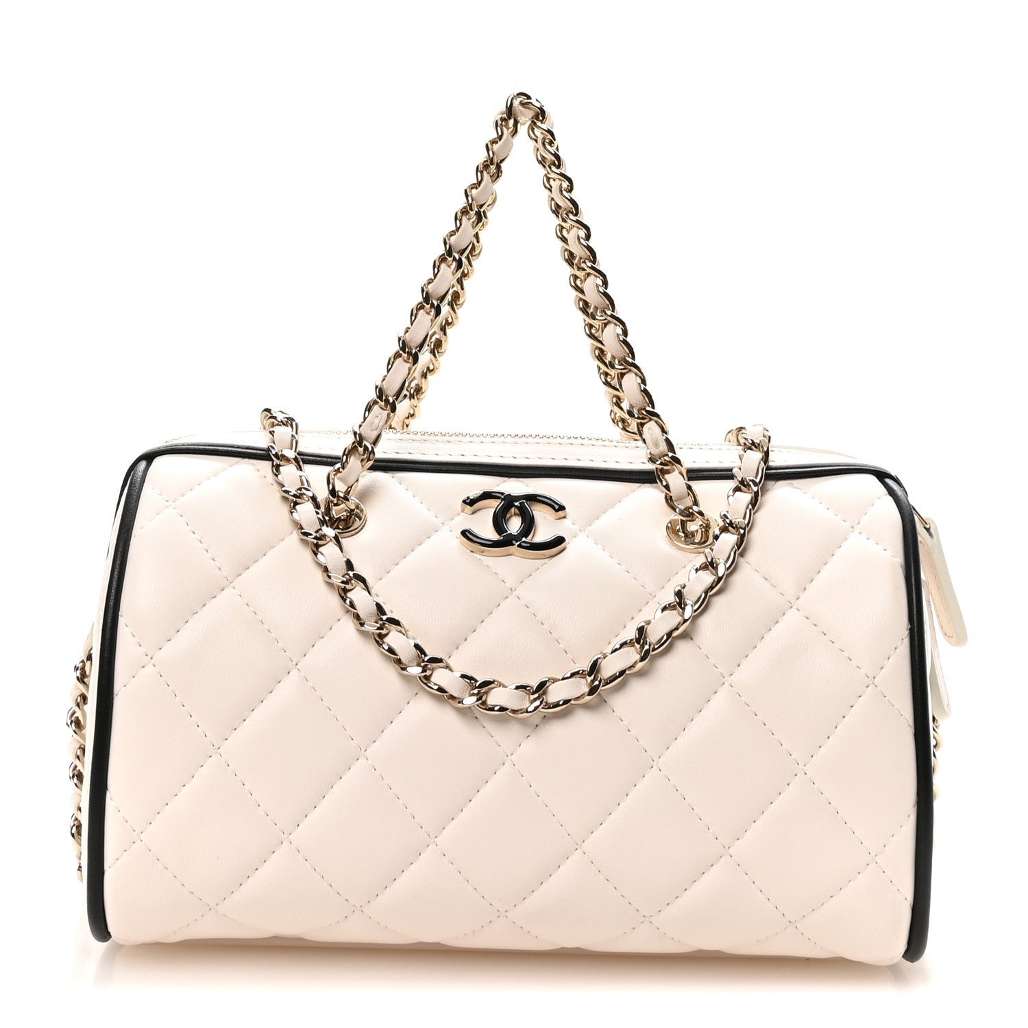 Chanel Lambskin Quilted Resin CC Mini Bowling Clutch With Chain White Black