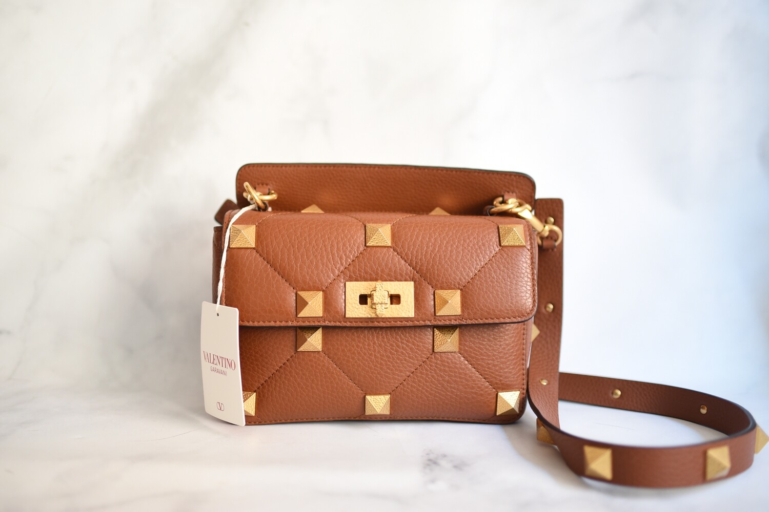Valentino Valentino Roman Rock Stud Bag, Caramel Caviar Leather, Brushed Gold Hardware, New in Dustbag MA001