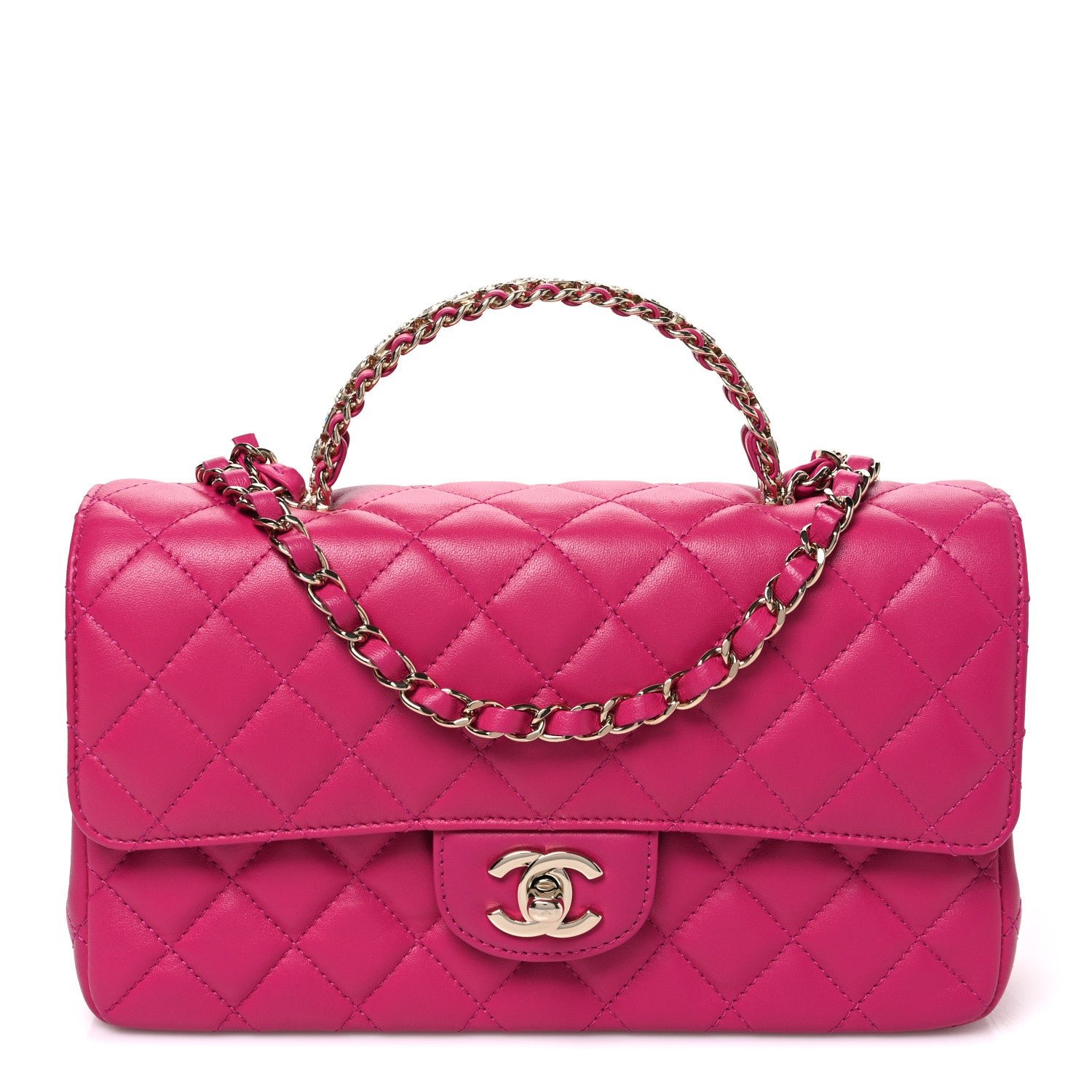Chanel Lambskin Quilted Medium Crystal Top Handle Rectangular Flap Dark Pink