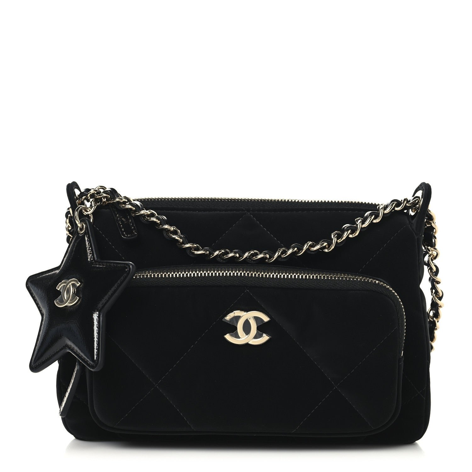 Chanel Velvet Effect Nylon Shiny Crumpled Calfskin Quilted Chanel 25 Clutch With Chain Black