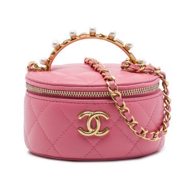 Mini CC Quilted Lambskin Pearl Top Handle Vanity Case with Chain
