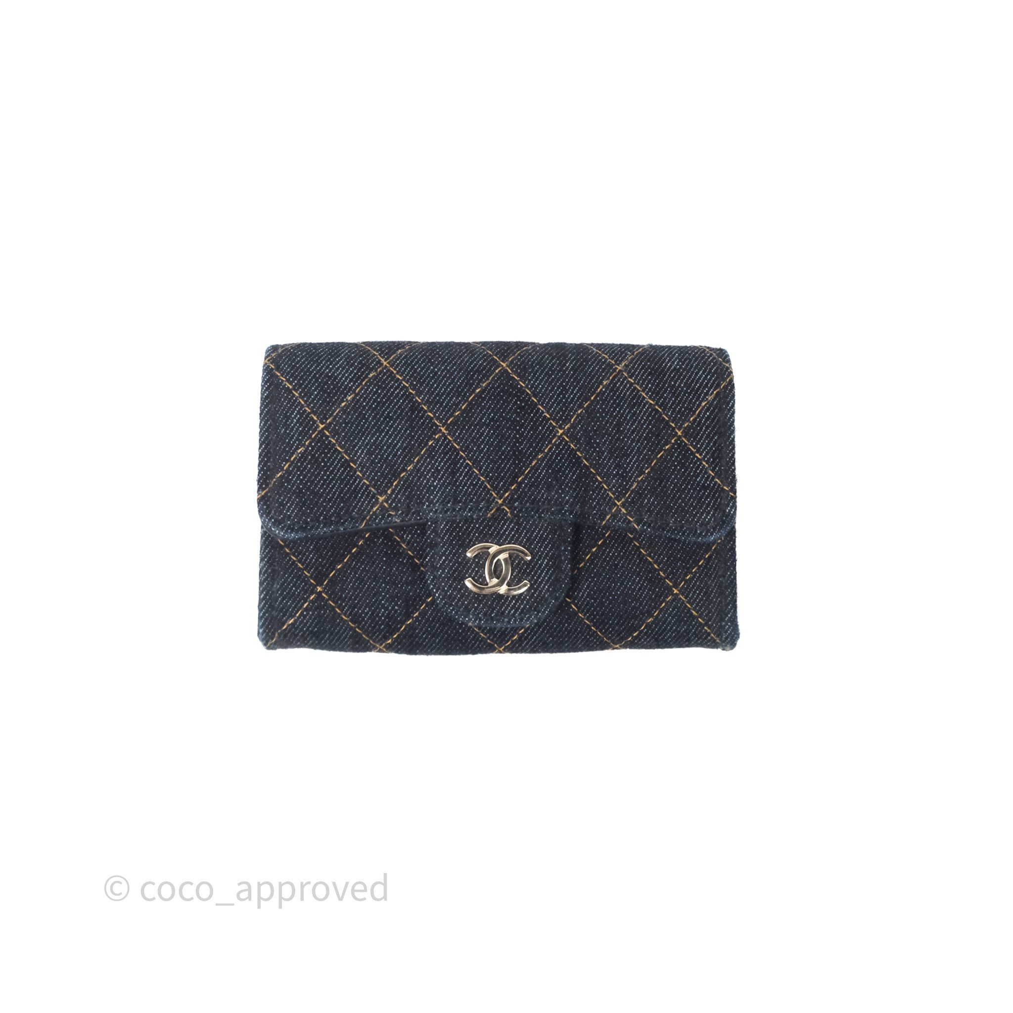 Chanel Quilted Flap Card Holder Blue Denim Light Gold Hardware