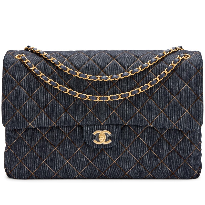 Dark Blue Quilted Denim XXL Classic Single Travel Flap Bag Brushed Gold Hardware, 2026