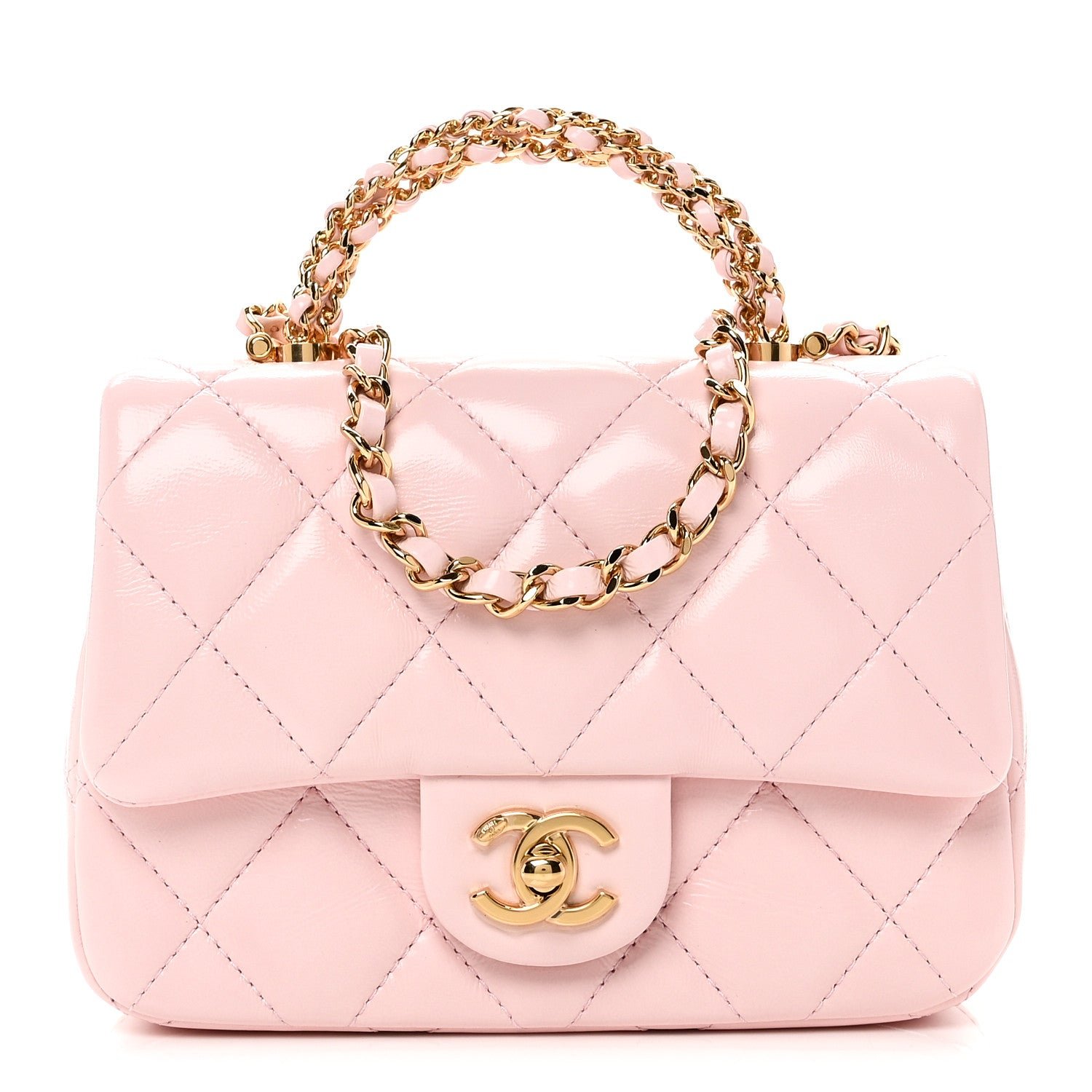 Chanel Shiny Lambskin Quilted Mini Twisted Links Top Handle Flap Light Pink
