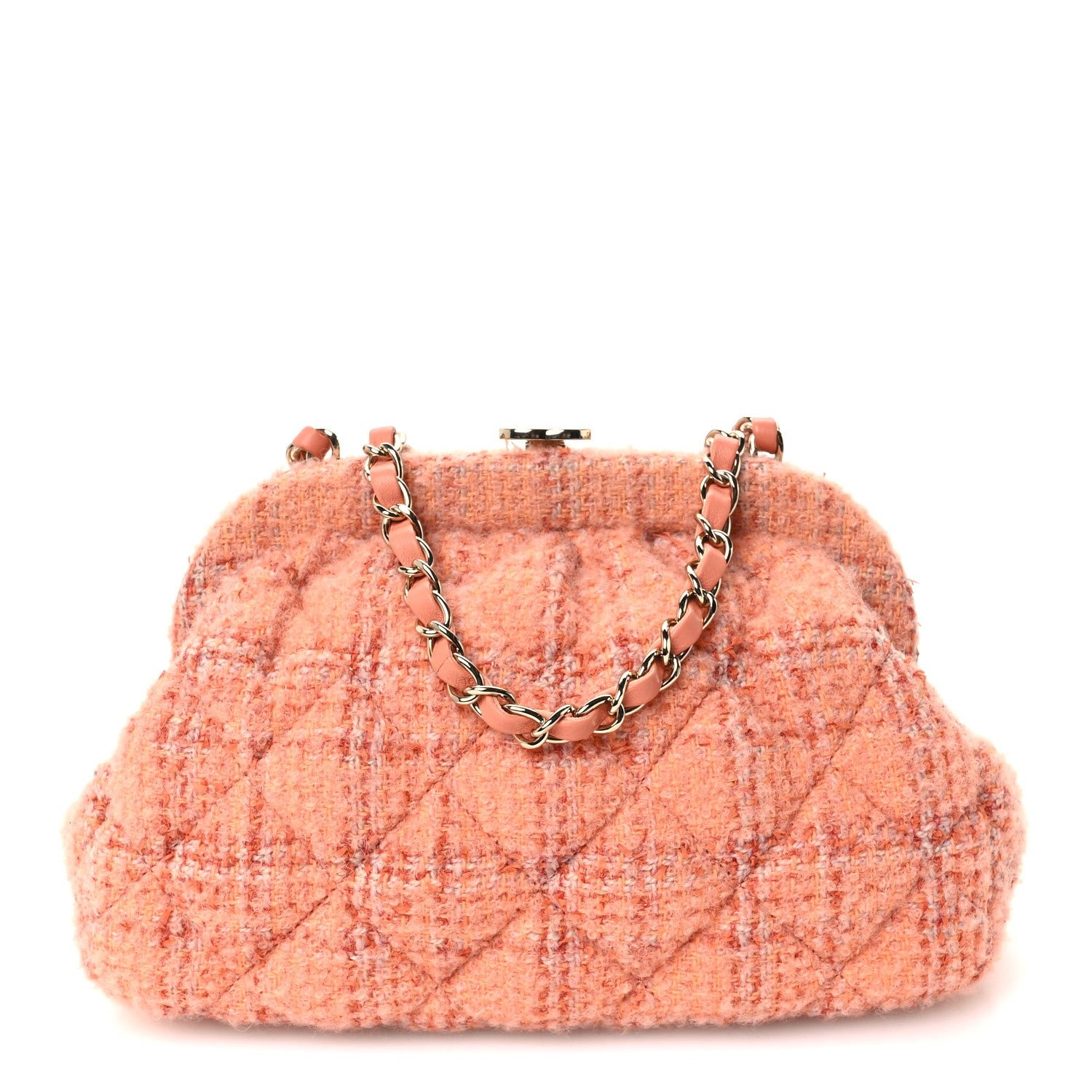 Chanel Wool Tweed Quilted CC Kisslock Clutch Coral Pink