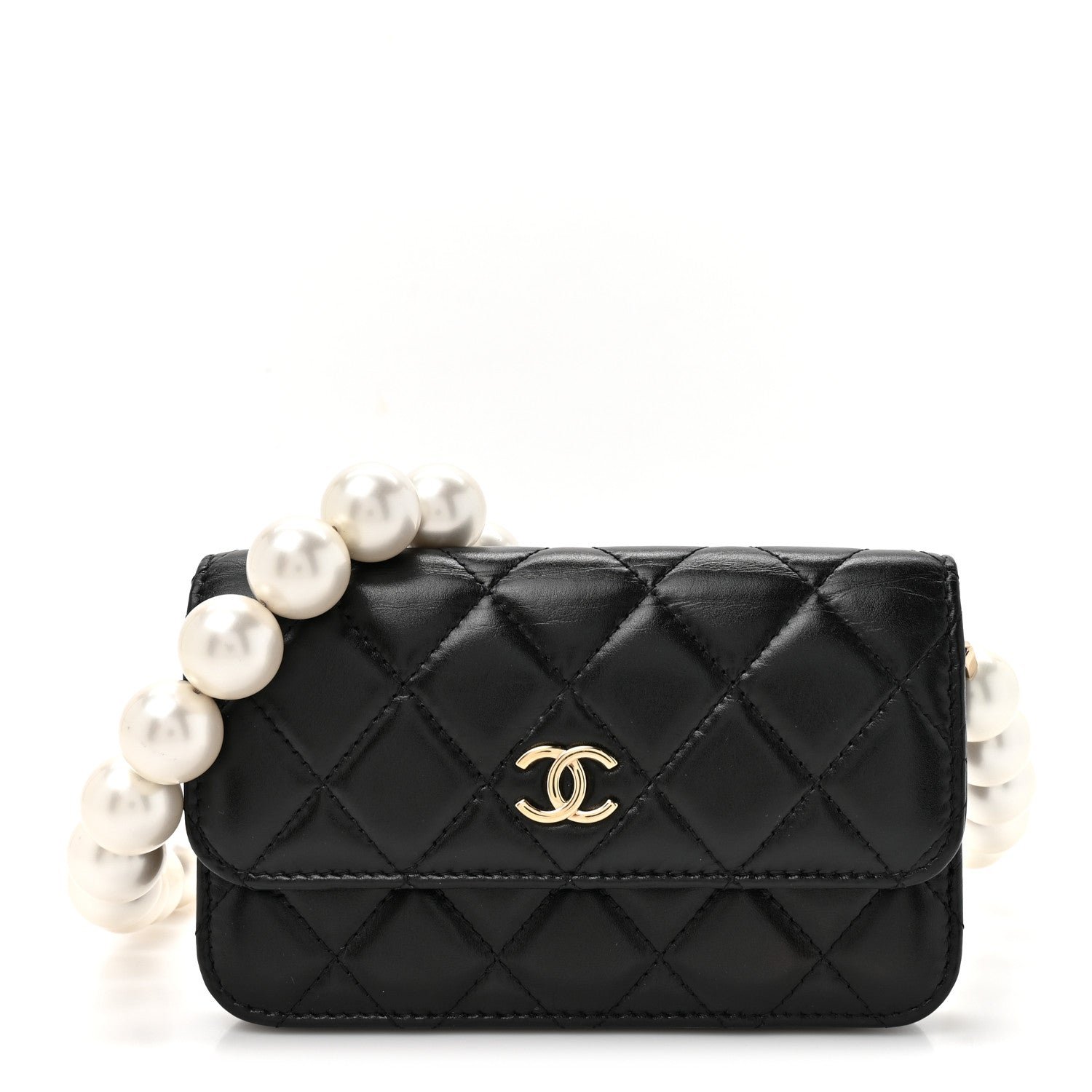 Chanel Calfskin Quilted Maxi Pearls Clutch With Chain Black