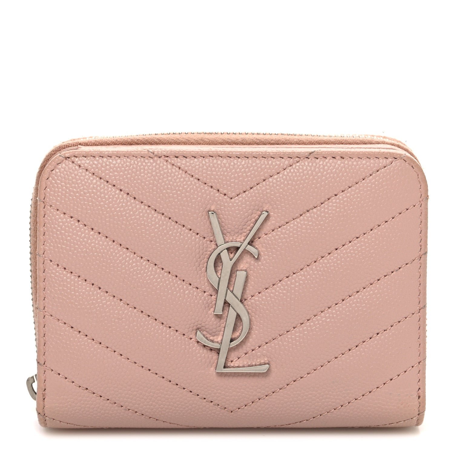 Saint Laurent Grain De Poudre Matelasse Chevron Monogram Compact Zip Around Wallet Pink