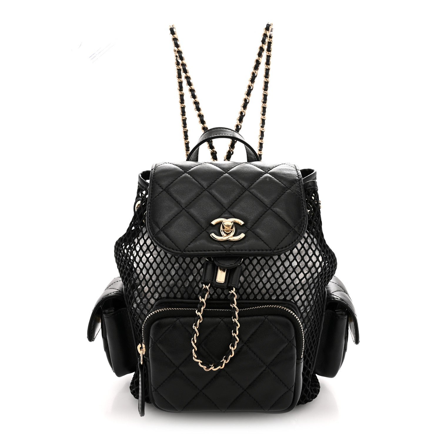 Chanel Shiny Lambskin Mesh Quilted Small Cargo Duma Drawstring Backpack Black