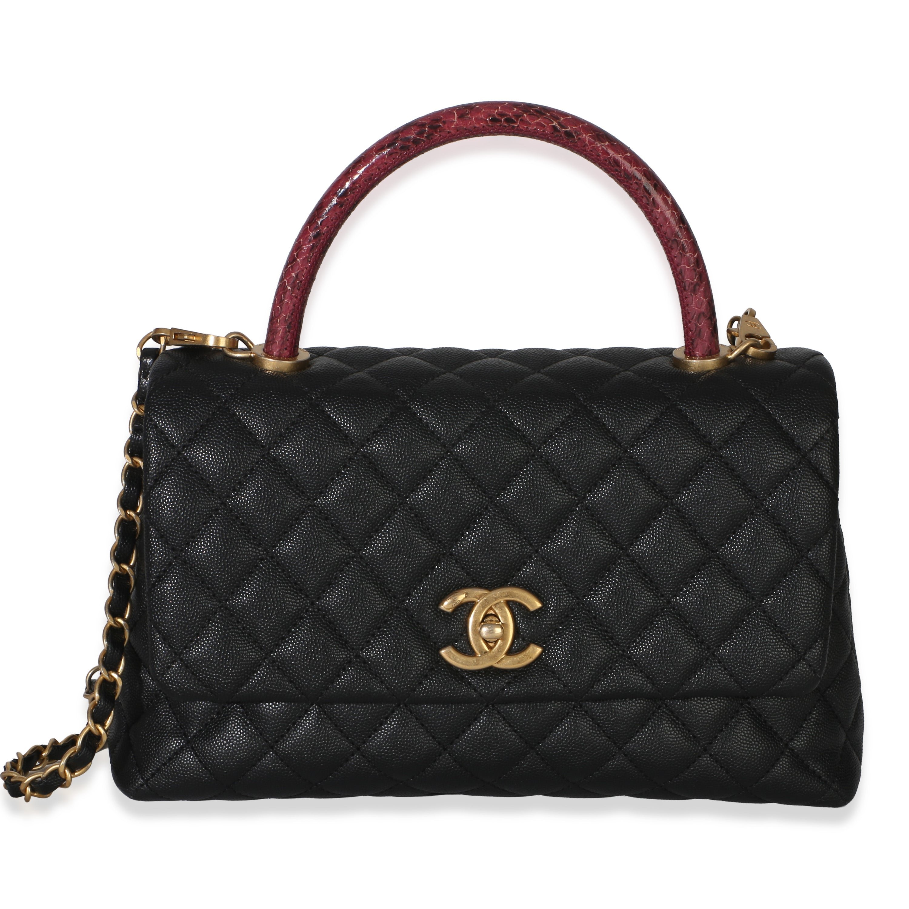 Black Quilted Caviar Lizard Medium Coco Top Handle Bag