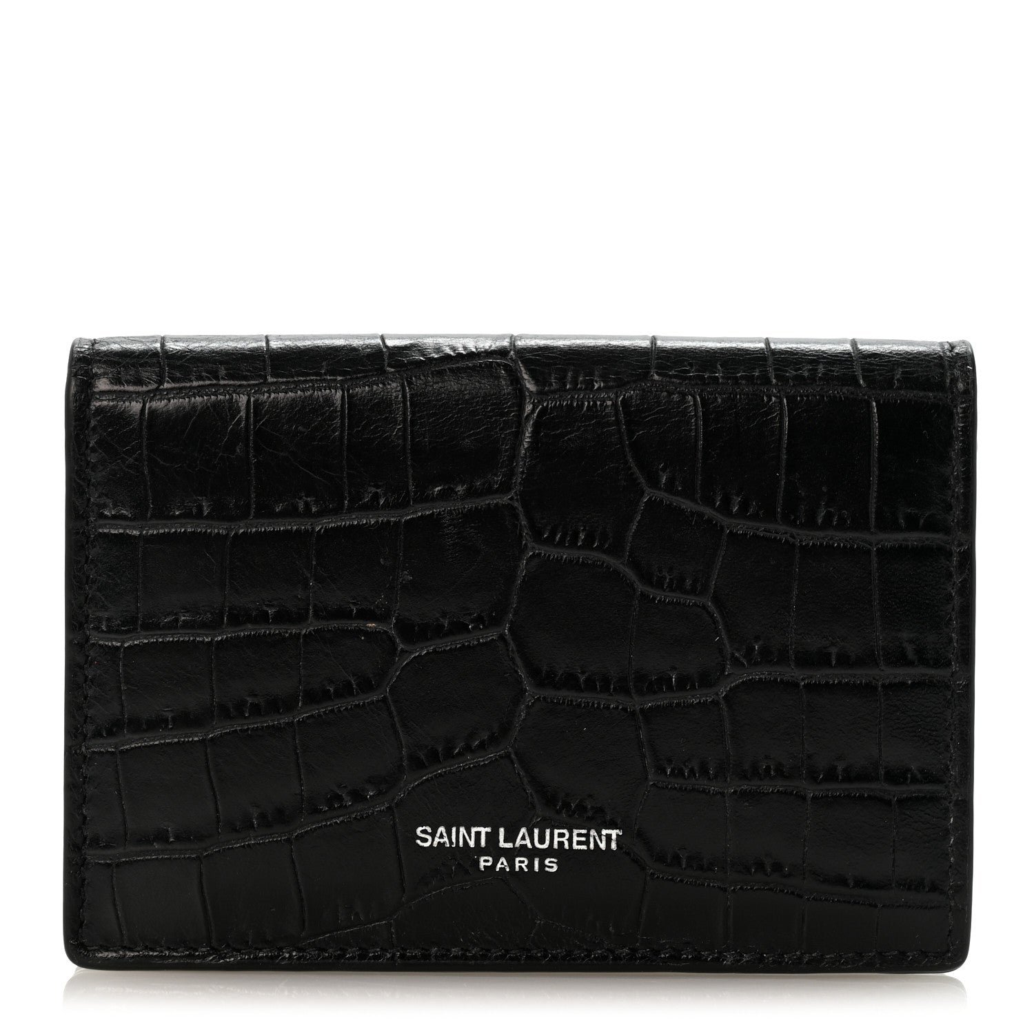 Saint Laurent Calfskin Crocodile Embossed Business Card Case Black